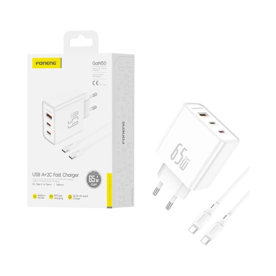 Carregador Foneng Gan50-EU 3 Portas 1 USB-A+2 Tipo-C PD 65W com cabo Tipo-C para Tipo-C 1M Branco